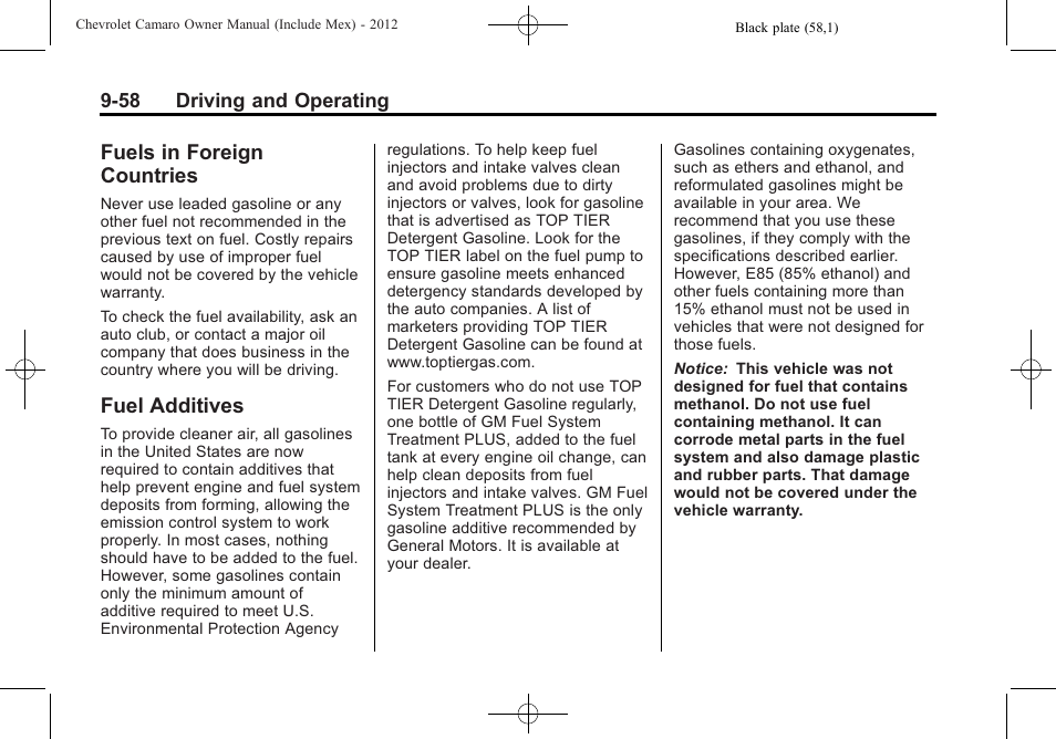 Fuels in foreign countries, Fuel additives | CHEVROLET 2012 Camaro User Manual | Page 264 / 444
