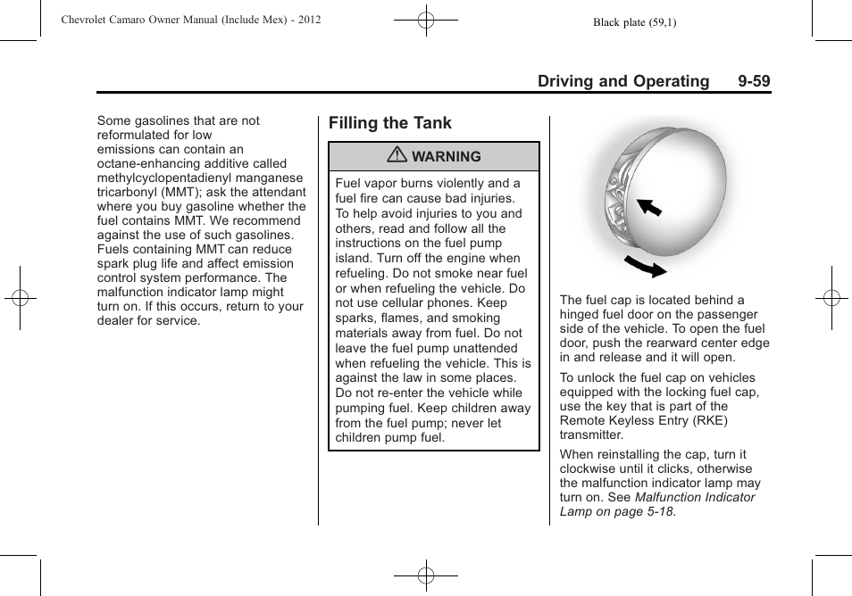 Filling the tank | CHEVROLET 2012 Camaro User Manual | Page 265 / 444