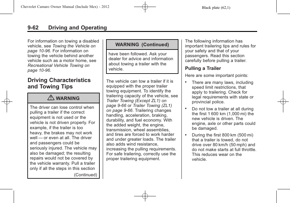 Driving characteristics and towing tips, 62 driving and operating | CHEVROLET 2012 Camaro User Manual | Page 268 / 444