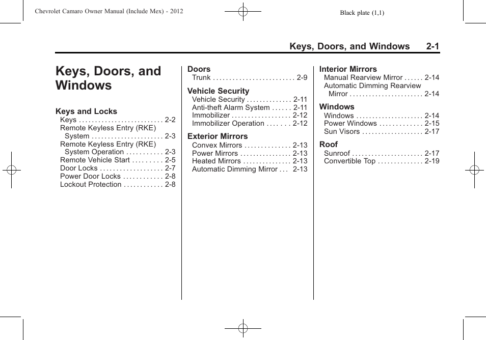 Keys, doors, and windows | CHEVROLET 2012 Camaro User Manual | Page 27 / 444