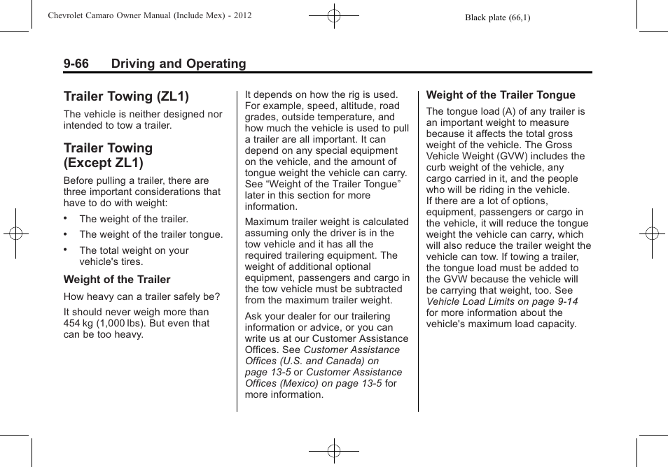 Trailer towing (zl1), Trailer towing (except zl1), 66 driving and operating | CHEVROLET 2012 Camaro User Manual | Page 272 / 444