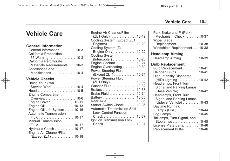 Vehicle care, Vehicle care 10-1 | CHEVROLET 2012 Camaro User Manual | Page 275 / 444