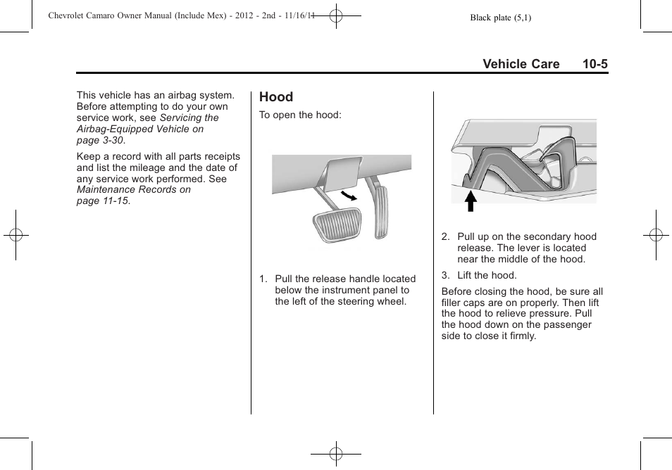 Hood | CHEVROLET 2012 Camaro User Manual | Page 279 / 444