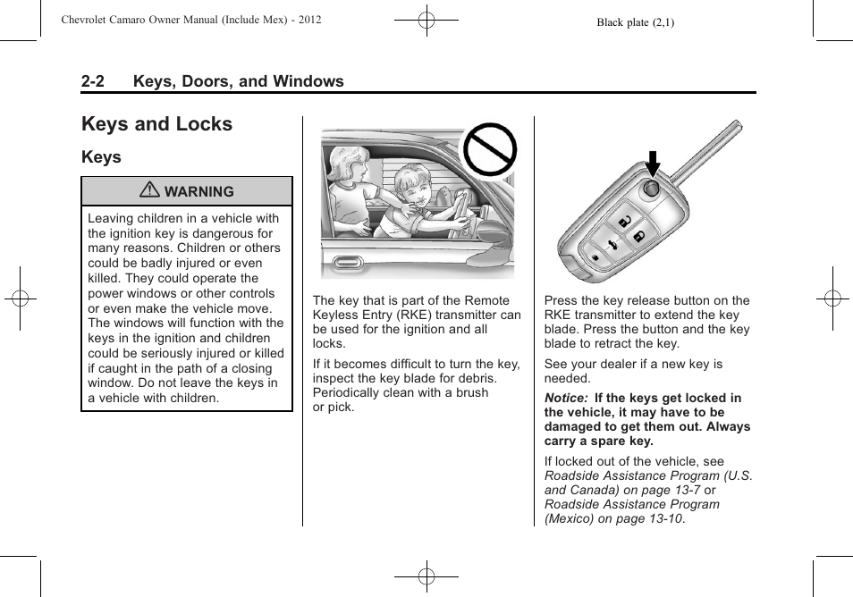 Keys and locks, Keys | CHEVROLET 2012 Camaro User Manual | Page 28 / 444