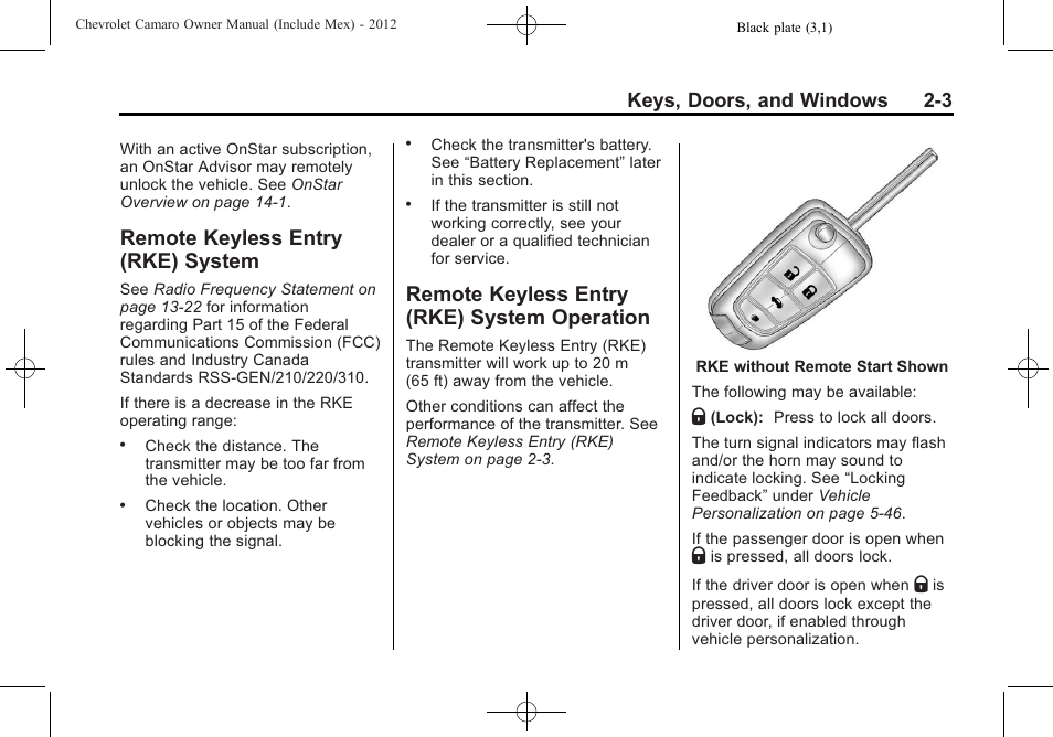 Remote keyless entry (rke) system, Remote keyless entry (rke) system operation, Keys, doors, and windows 2-3 | CHEVROLET 2012 Camaro User Manual | Page 29 / 444