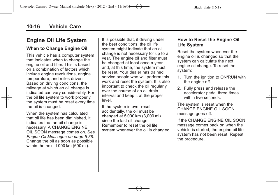 Engine oil life system | CHEVROLET 2012 Camaro User Manual | Page 290 / 444