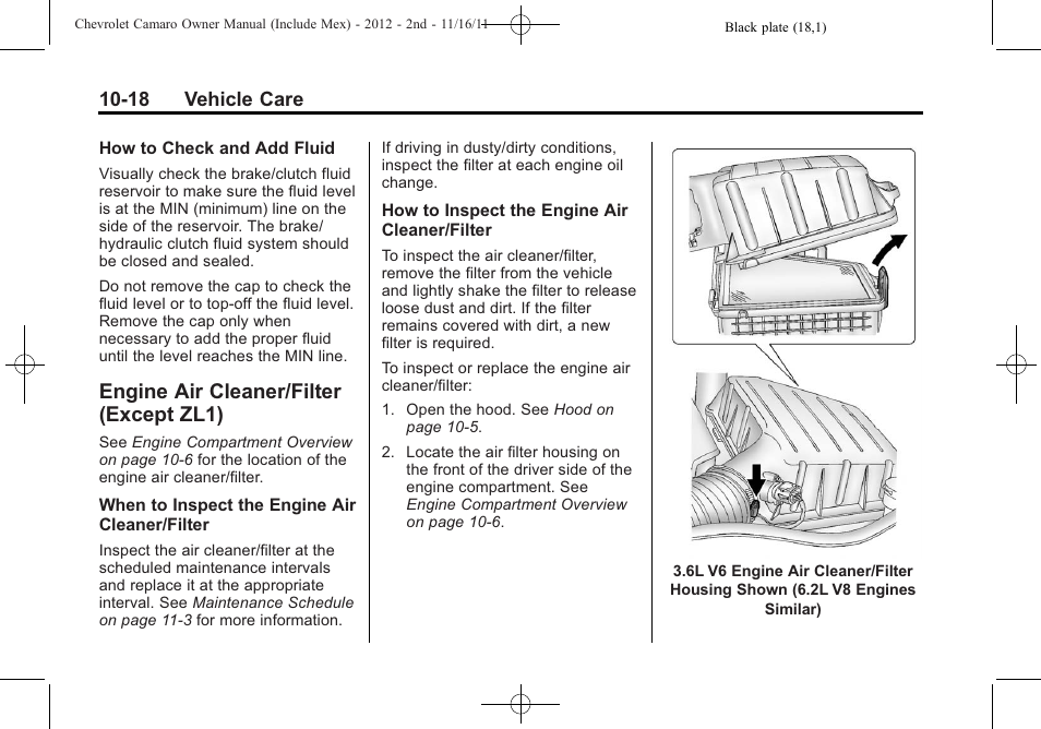 Engine air cleaner/filter (except zl1), 18 vehicle care | CHEVROLET 2012 Camaro User Manual | Page 292 / 444