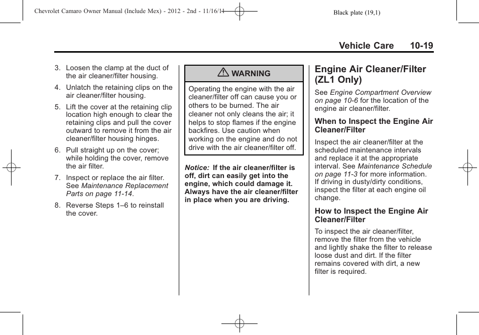Engine air cleaner/filter (zl1 only) | CHEVROLET 2012 Camaro User Manual | Page 293 / 444