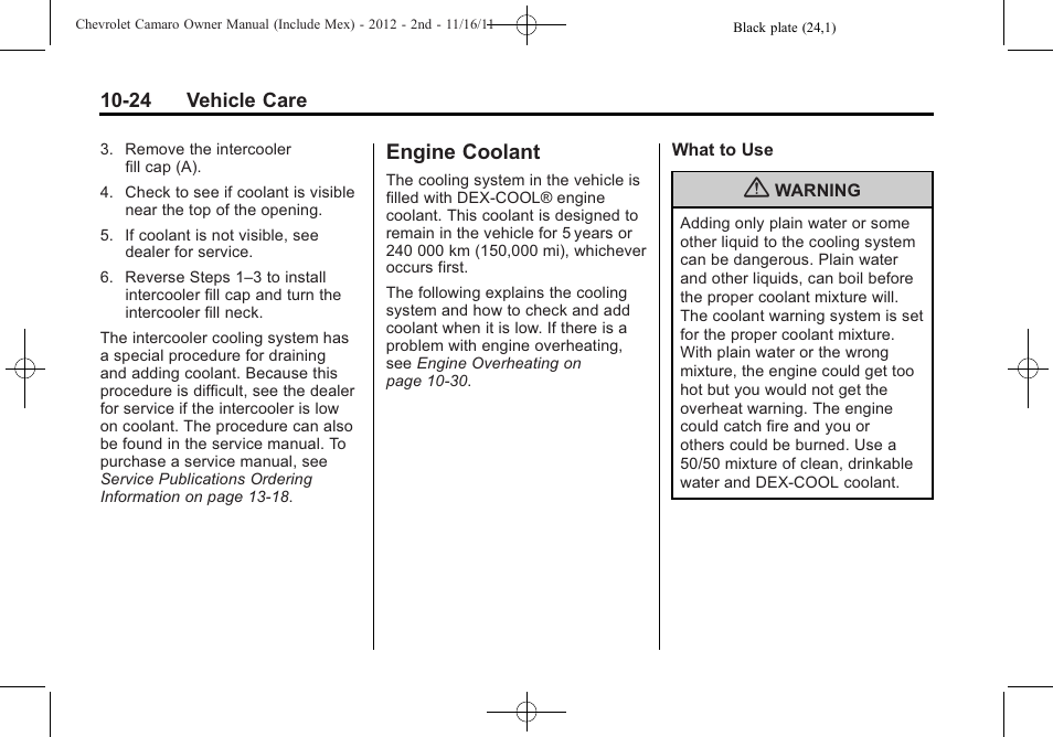 Engine coolant | CHEVROLET 2012 Camaro User Manual | Page 298 / 444