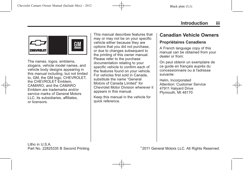 Introduction, Canadian vehicle owners, Introduction iii | CHEVROLET 2012 Camaro User Manual | Page 3 / 444