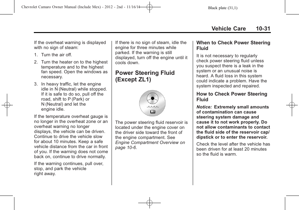 Power steering fluid (except zl1) | CHEVROLET 2012 Camaro User Manual | Page 305 / 444