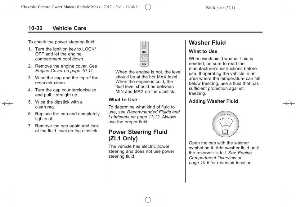 Power steering fluid (zl1 only), Washer fluid | CHEVROLET 2012 Camaro User Manual | Page 306 / 444