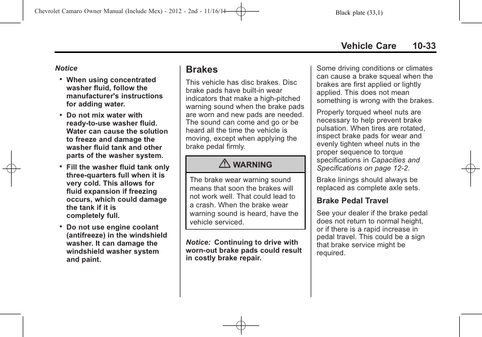 Brakes, Vehicle care 10-33 | CHEVROLET 2012 Camaro User Manual | Page 307 / 444