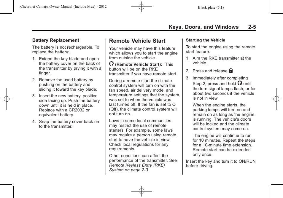Remote vehicle start | CHEVROLET 2012 Camaro User Manual | Page 31 / 444