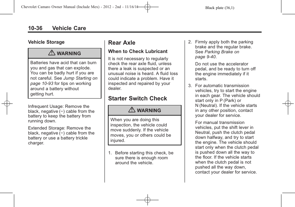 Rear axle, Starter switch check | CHEVROLET 2012 Camaro User Manual | Page 310 / 444