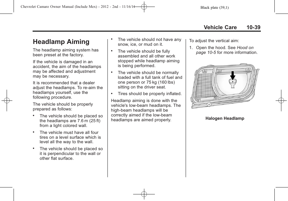 Headlamp aiming, Vehicle care 10-39 | CHEVROLET 2012 Camaro User Manual | Page 313 / 444