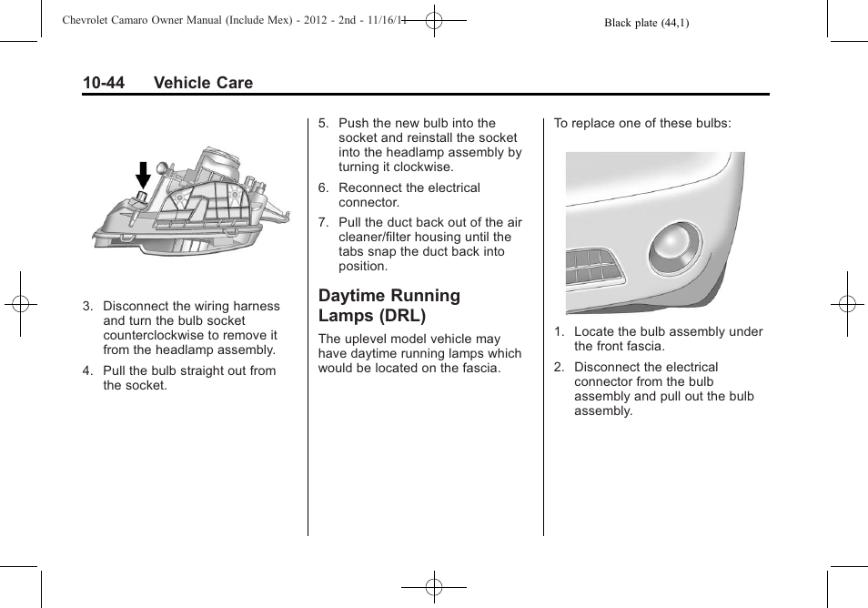 Daytime running lamps (drl), 44 vehicle care | CHEVROLET 2012 Camaro User Manual | Page 318 / 444