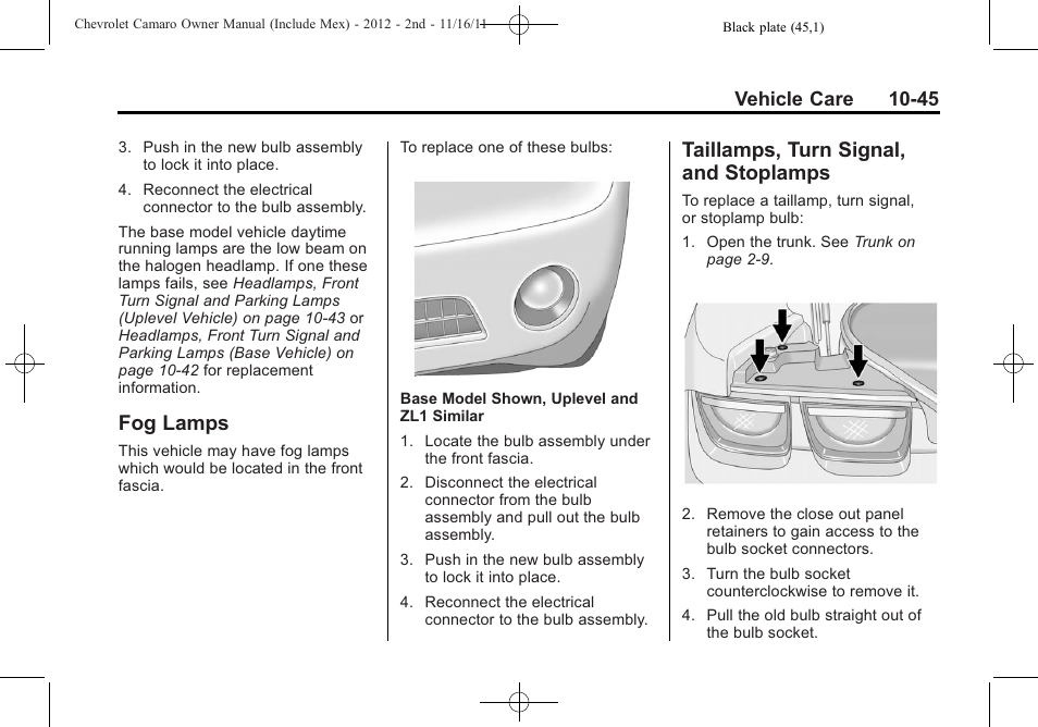Fog lamps, Taillamps, turn signal, and stoplamps, Vehicle care 10-45 | CHEVROLET 2012 Camaro User Manual | Page 319 / 444