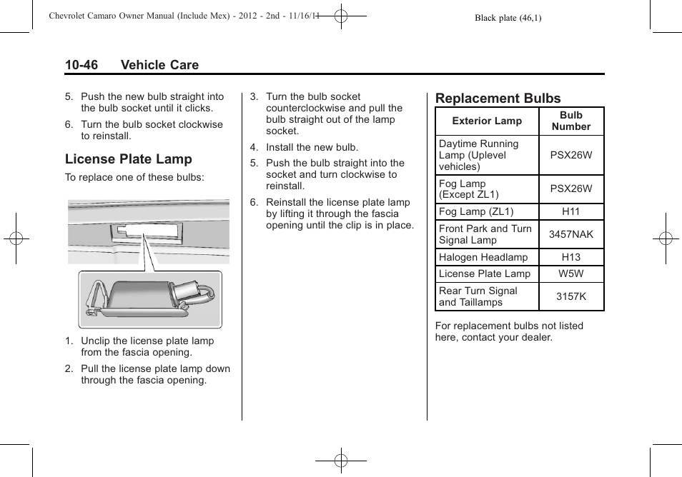 License plate lamp, Replacement bulbs, 46 vehicle care | CHEVROLET 2012 Camaro User Manual | Page 320 / 444