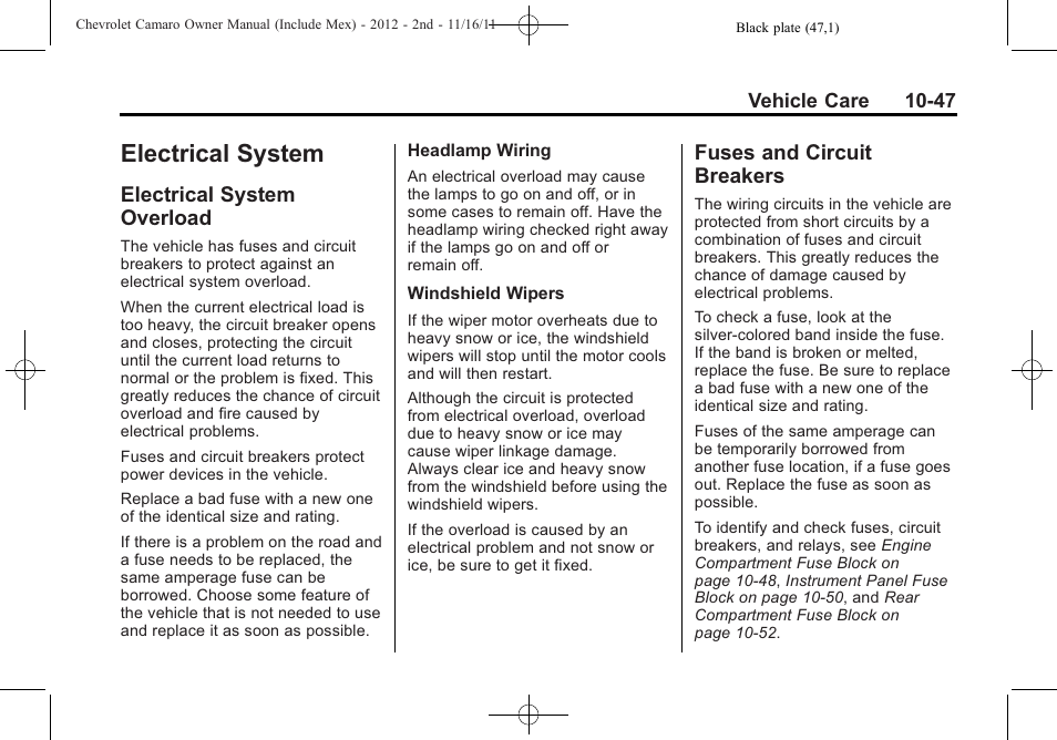 Electrical system, Electrical system overload, Fuses and circuit breakers | CHEVROLET 2012 Camaro User Manual | Page 321 / 444