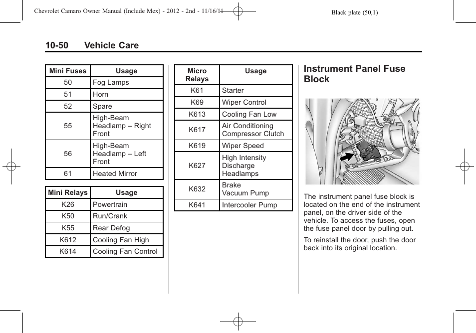 Instrument panel fuse block, 50 vehicle care | CHEVROLET 2012 Camaro User Manual | Page 324 / 444