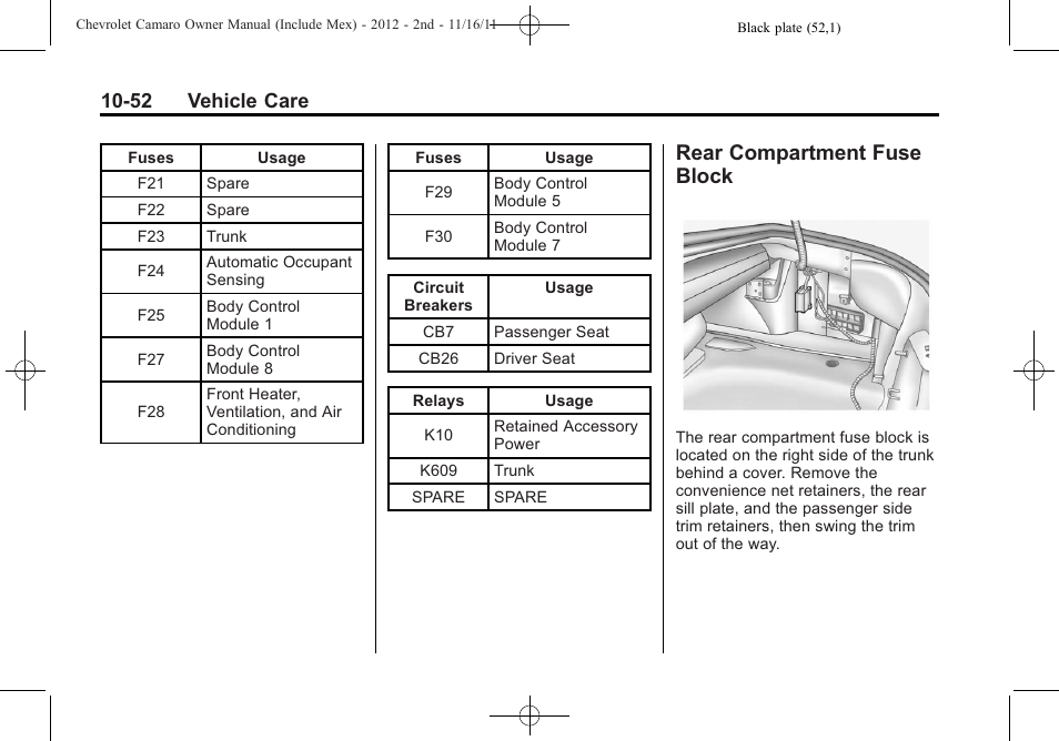 Rear compartment fuse block, 52 vehicle care | CHEVROLET 2012 Camaro User Manual | Page 326 / 444