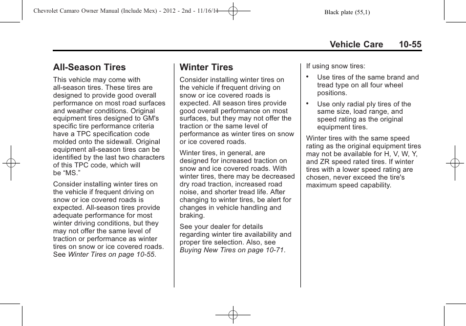 All-season tires, Winter tires, Vehicle care 10-55 | CHEVROLET 2012 Camaro User Manual | Page 329 / 444
