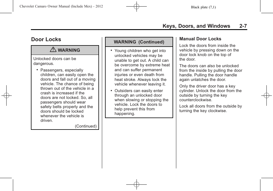Door locks, Keys, doors, and windows 2-7 | CHEVROLET 2012 Camaro User Manual | Page 33 / 444