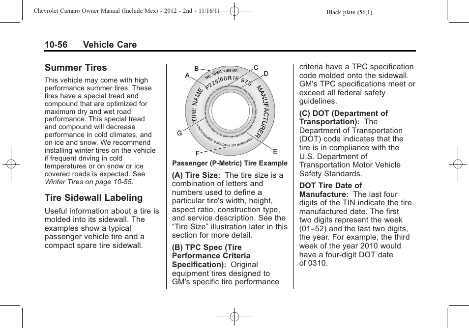 Summer tires, Tire sidewall labeling | CHEVROLET 2012 Camaro User Manual | Page 330 / 444