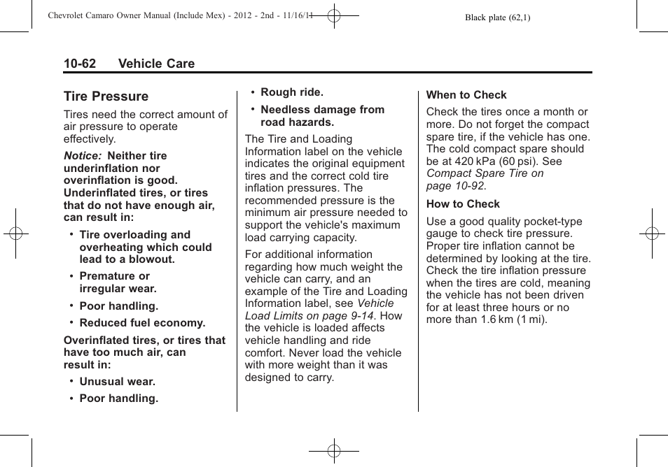 Tire pressure, 62 vehicle care | CHEVROLET 2012 Camaro User Manual | Page 336 / 444