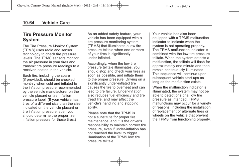Tire pressure monitor system | CHEVROLET 2012 Camaro User Manual | Page 338 / 444