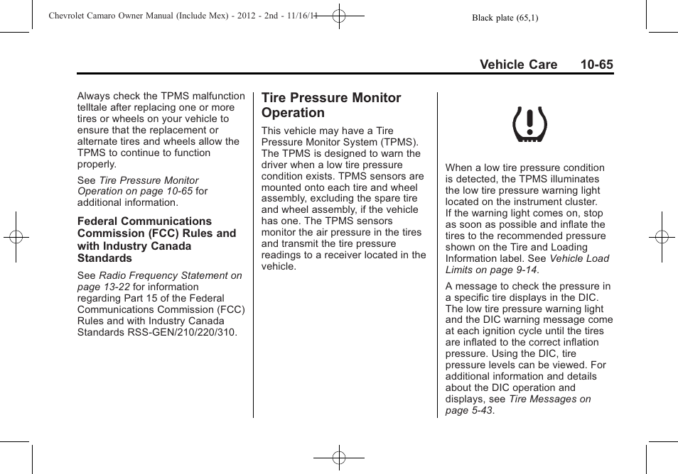 Tire pressure monitor operation | CHEVROLET 2012 Camaro User Manual | Page 339 / 444