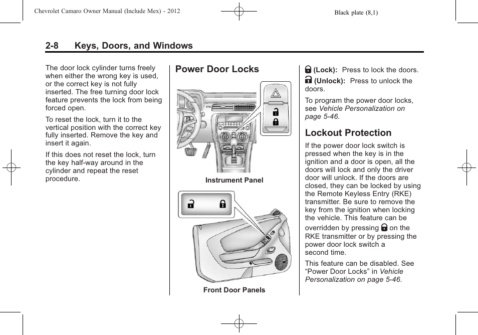 Power door locks, Lockout protection | CHEVROLET 2012 Camaro User Manual | Page 34 / 444