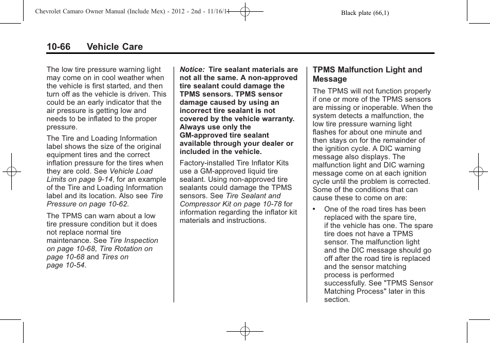 66 vehicle care | CHEVROLET 2012 Camaro User Manual | Page 340 / 444