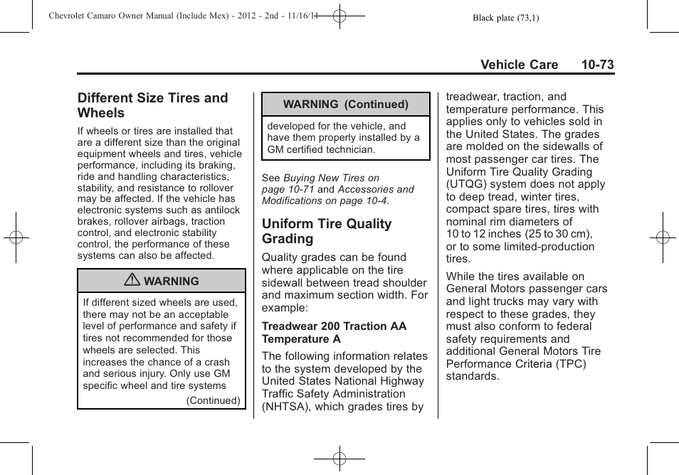 Different size tires and wheels, Uniform tire quality grading | CHEVROLET 2012 Camaro User Manual | Page 347 / 444