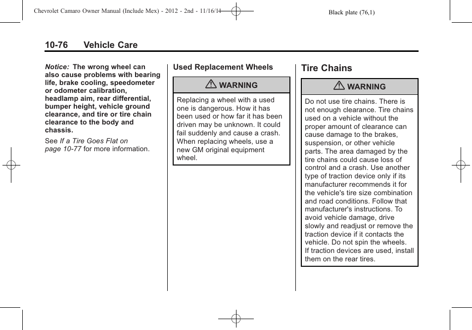 Tire chains | CHEVROLET 2012 Camaro User Manual | Page 350 / 444