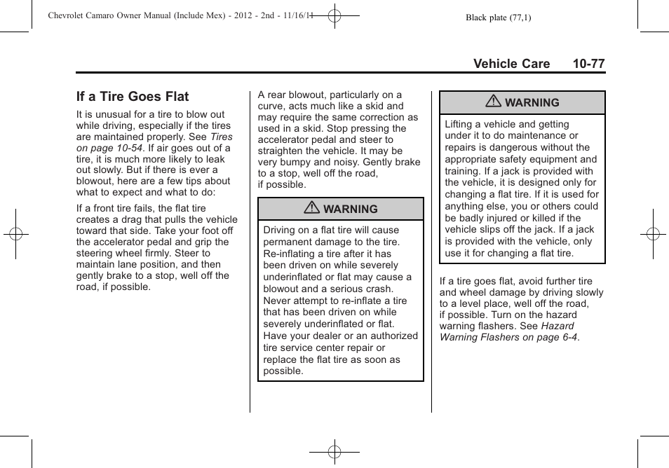 If a tire goes flat | CHEVROLET 2012 Camaro User Manual | Page 351 / 444
