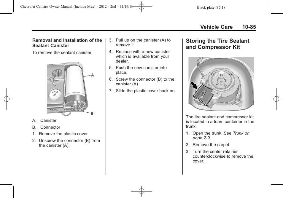 Storing the tire sealant and compressor kit, Vehicle care 10-85 | CHEVROLET 2012 Camaro User Manual | Page 359 / 444