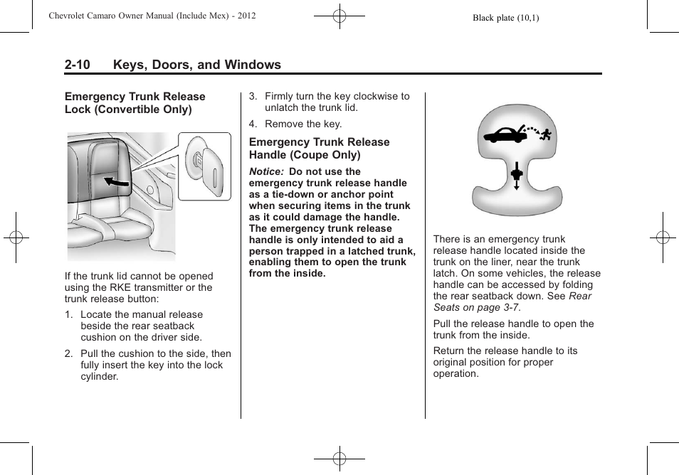10 keys, doors, and windows | CHEVROLET 2012 Camaro User Manual | Page 36 / 444