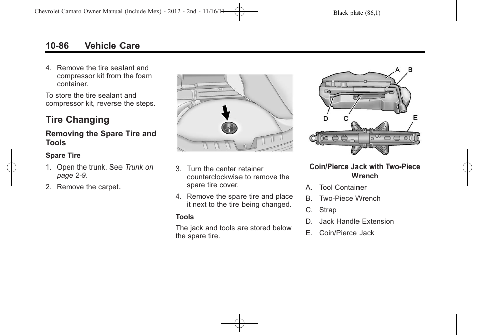 Tire changing, 86 vehicle care | CHEVROLET 2012 Camaro User Manual | Page 360 / 444