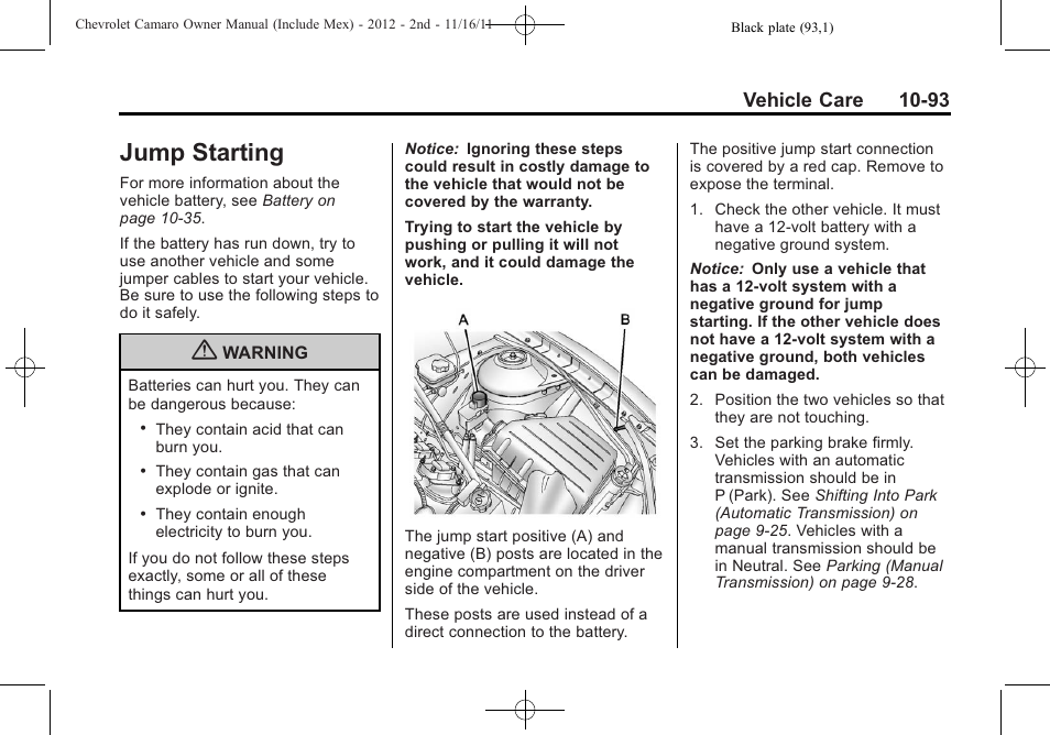 Jump starting, Vehicle care 10-93 | CHEVROLET 2012 Camaro User Manual | Page 367 / 444