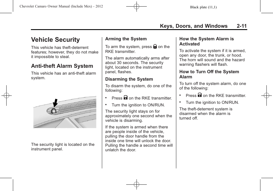 Vehicle security, Anti-theft alarm system, Keys, doors, and windows 2-11 | CHEVROLET 2012 Camaro User Manual | Page 37 / 444