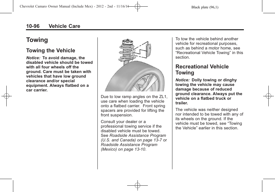 Towing, Towing the vehicle, Recreational vehicle towing | CHEVROLET 2012 Camaro User Manual | Page 370 / 444