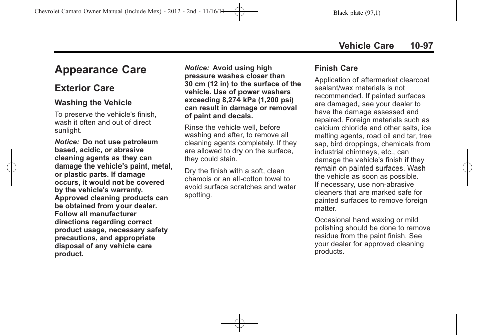 Appearance care, Exterior care | CHEVROLET 2012 Camaro User Manual | Page 371 / 444
