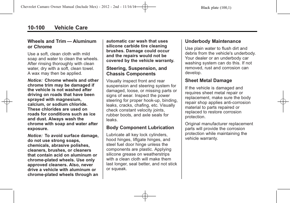 100 vehicle care | CHEVROLET 2012 Camaro User Manual | Page 374 / 444