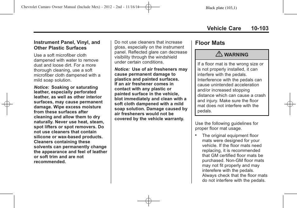 Floor mats | CHEVROLET 2012 Camaro User Manual | Page 377 / 444