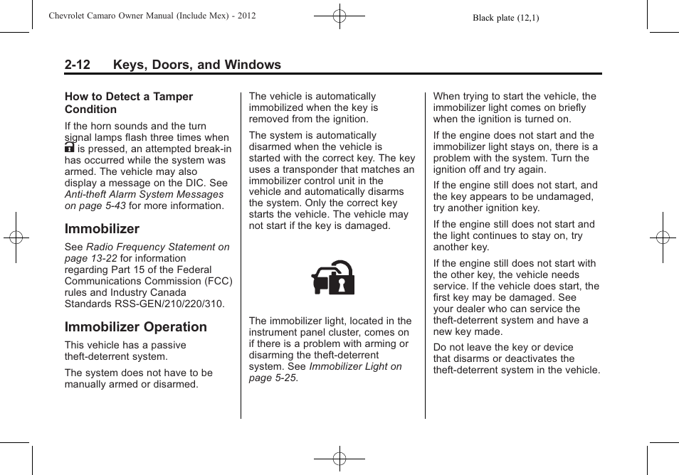 Immobilizer, Immobilizer operation | CHEVROLET 2012 Camaro User Manual | Page 38 / 444