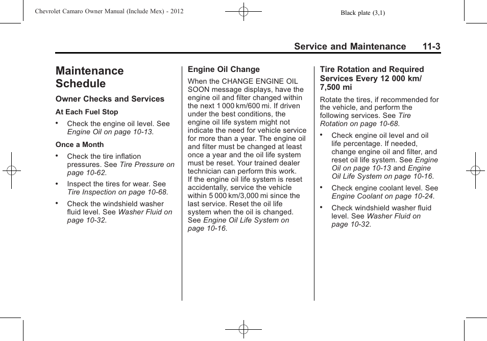 Maintenance schedule, Service and maintenance 11-3 | CHEVROLET 2012 Camaro User Manual | Page 381 / 444