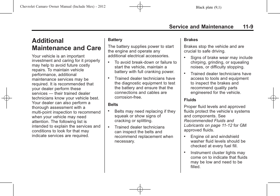 Additional maintenance and care, Service and maintenance 11-9 | CHEVROLET 2012 Camaro User Manual | Page 387 / 444