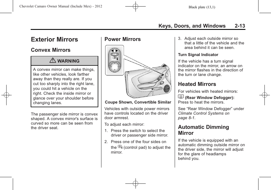 Exterior mirrors, Convex mirrors, Power mirrors | Heated mirrors, Automatic dimming mirror | CHEVROLET 2012 Camaro User Manual | Page 39 / 444